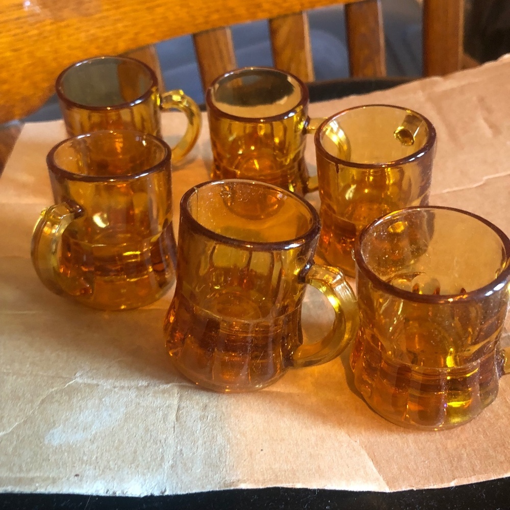 Six Vintage amber miniature beer glasses shot glasses by federal glass